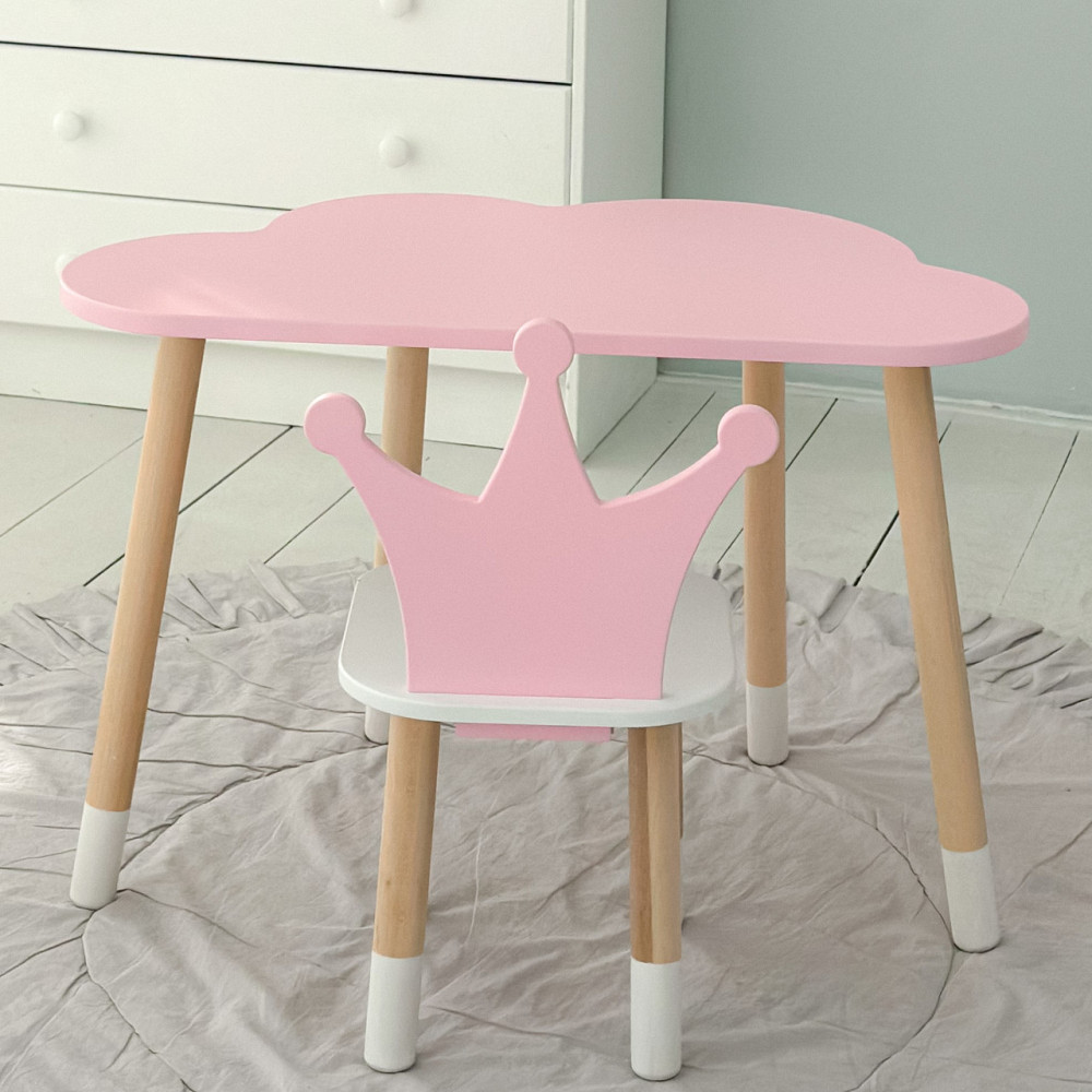 Функціональний дитячий комплект дерев'яний столик з ящиком та ергономічний стільчик Стіл хмарка та стілець дитячий корона Київ - фото 2