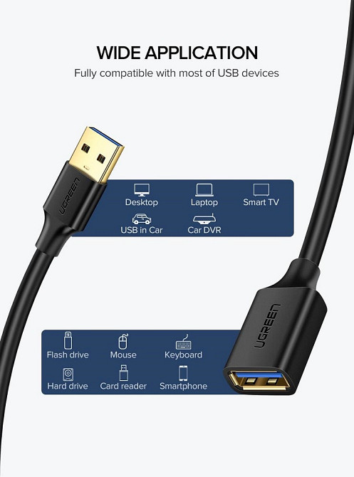 Удлинитель UGREEN US129 USB 3.0 Extension Male Cable 3m (Black) (UGR-30127) Киев - изображение 2