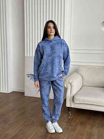 Теплый костюм женский мраморный принт на флисе Голубой S-M Харьков