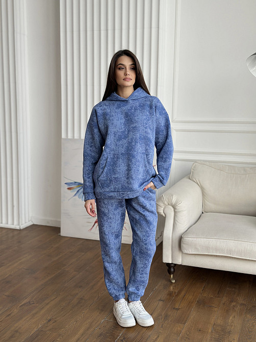 Теплий спортивний костюм жіночий мармуровий принт на флісі Блакитний S-M Харків - фото 1