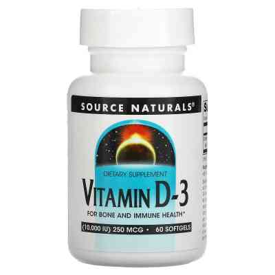 Вітамін Source Naturals Вітамін D-3, 10000 МО, Vitamin D-3, 60 гелевих капсул (SN2791) Вінниця