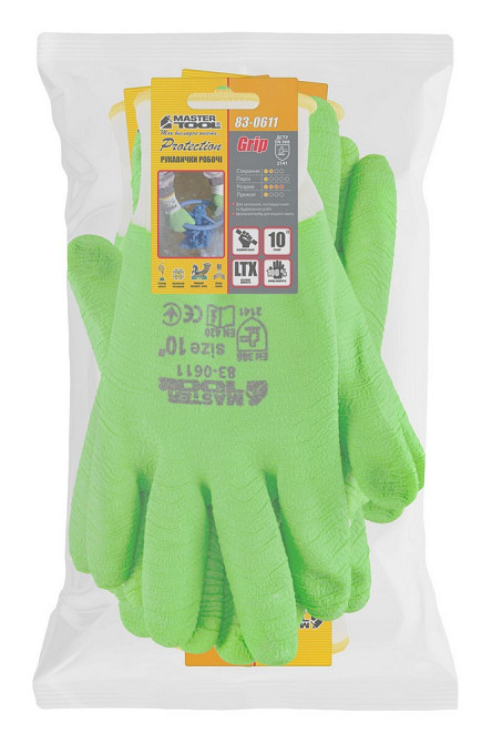MASTERTOOL Рукавички трикотажні безшовні MASTERTOOL повне ребристе латексне покриття 10" підвіс Коломия - фото 2