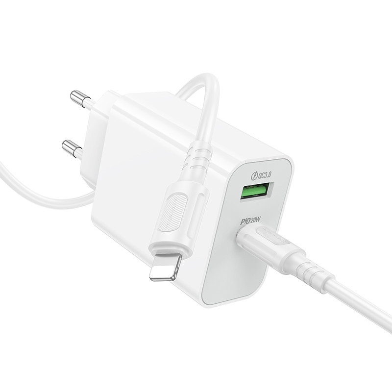 Мережевий зарядний пристрій з кабелем BOROFONE BA106A Stellar PD20W+QC3.0 charger set (C to iP) (EU) White Одеса - фото 4