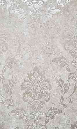 Шпалери вінілові на флізеліні Grandeco Universe 5 вензелю завитки сріблясті на бежевому Київ