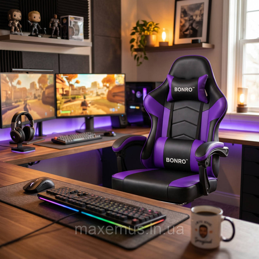 Геймерское компьютерное кресло Bonro B-203 Фиолетовое с подставкой для ног и подушками (игровое кресло для ПК) Мостиска - изображение 14