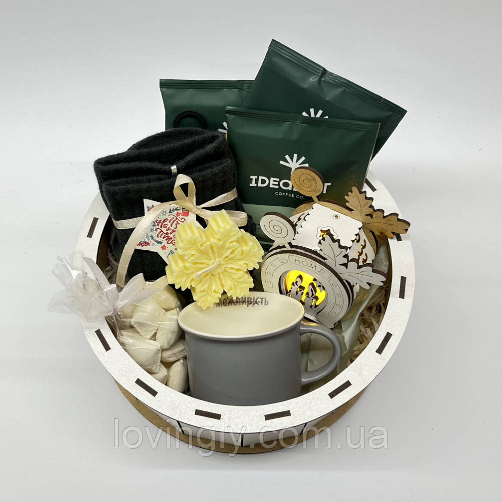 Новорічний подарунок для чоловіка чи жінки — набір з кавою, свічкою та чашкою у дерев’яній коробці Ірпінь - фото 6
