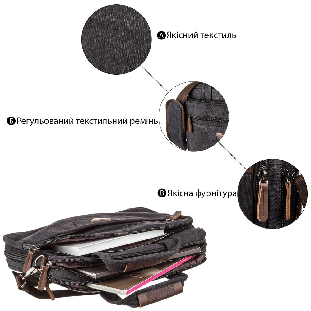 Сумка текстильна для ноутбука на два відділення Vintage 20177 Чорна Київ - фото 9