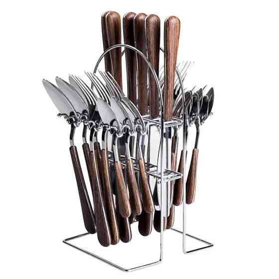 Набір столових приборів на 6 персон з дерев'яними ручками на підставці столові прибори 24 шт Срібло HP-20-1 Київ