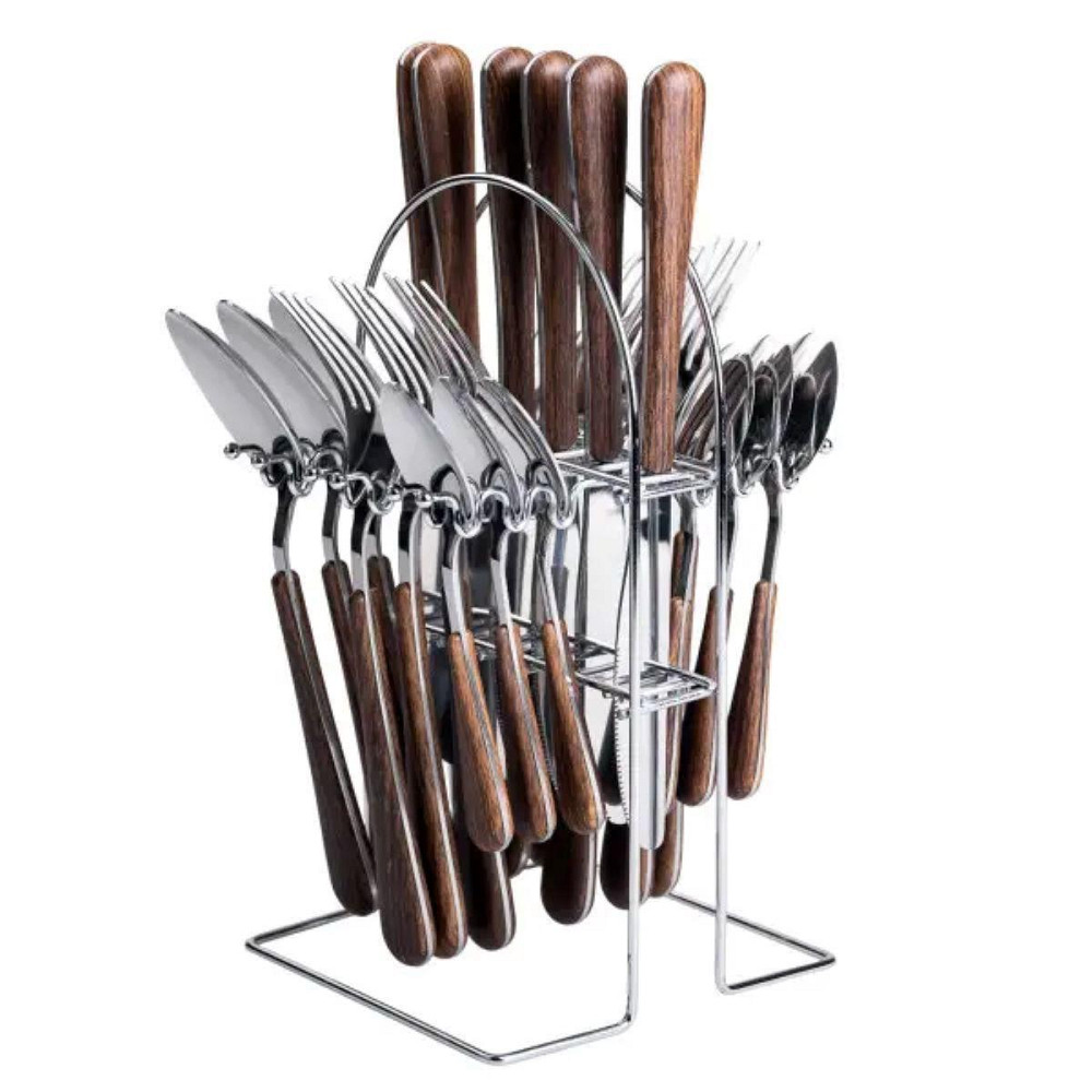 Набор столовых приборов на 6 персон с деревянными ручками на подставке столовые приборы 24 шт Серебро HP-20-1 Киев - изображение 1