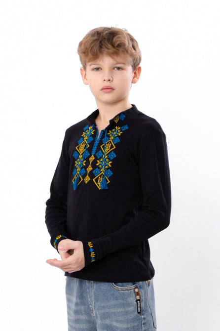 Вышиванка для мальчика с длинным рукавом черная 100% хлопок топ 146 Киев - изображение 1