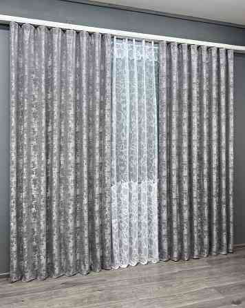 Комплект штор VR-Textil Жакард Мармур 150х270 2шт і Тюль 600х270 1668ш-1529т Сірий з білим 71-183/5 Київ