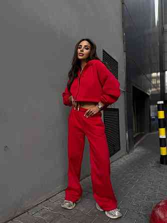 Утепленный женский костюм двойка в спортивном стиле трехнитка на флисе Красный, 42/44 Одесса