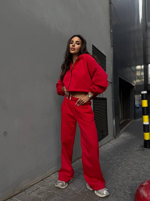 Утеплений жіночий костюм двійка у спортивному стилі тринитка на флісі Червоний, 42/44 Одеса - фото 3