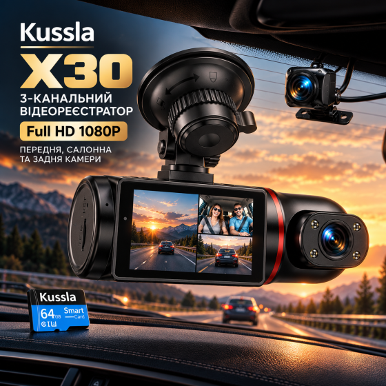 Відеореєстратор Kussla X30 3-канальний Full HD 1080P, 3 камери, нічне бачення, G-сенсор, IPS 3", карта 64 ГБ Київ