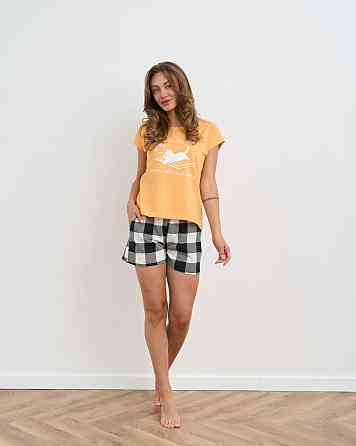 Женская пижама комплект с шортиками в клетку - Кофе, котики и книги Nicoletta 60244 Киев