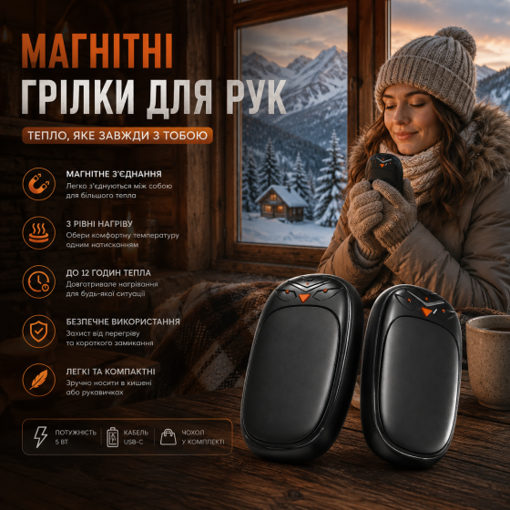 Аккумуляторные магнитные грелки для рук 5 Вт 3 уровня нагрева: умный портативный USB двойной подогреватель для рук, ABS Киев