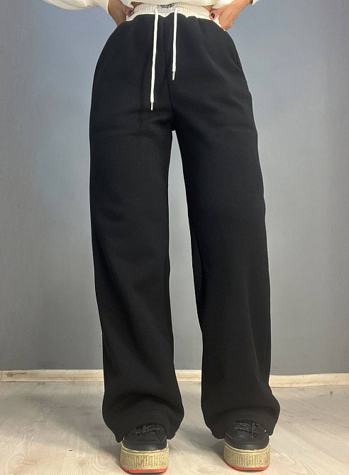 Штаны женские A-N 2771 свободный крой ровные от бедра белая резинка на талии утепленные на флисе черные, черный, M Киев - изображение 1