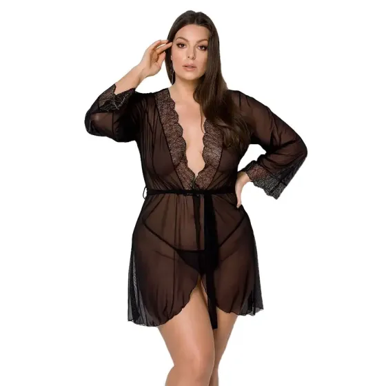 Пеньюар Passion AMBERLY PEIGNOIR 4XL/5XL, black, ажурні декольте та манжети, широкі рукави Львів