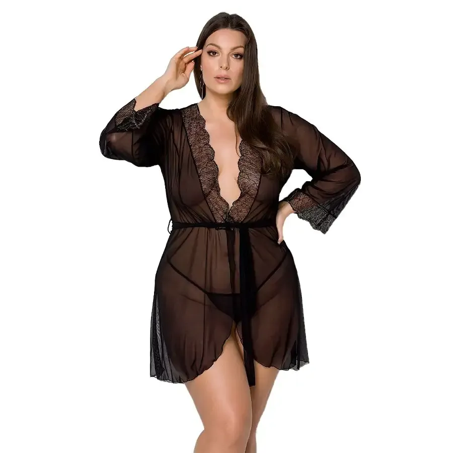 Пеньюар Passion AMBERLY PEIGNOIR 4XL/5XL, black, ажурні декольте та манжети, широкі рукави Львов - изображение 1
