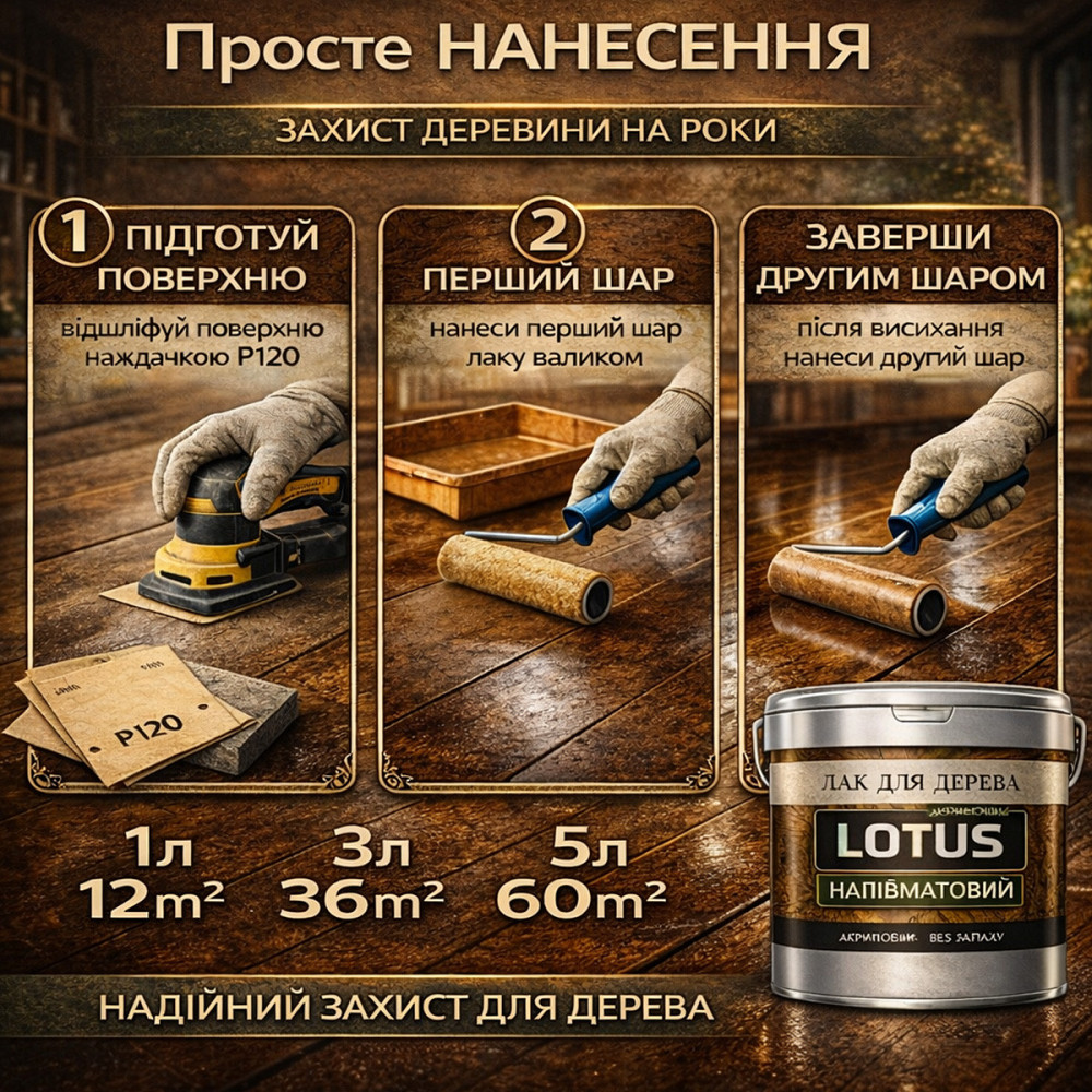 Лак акриловий для дерева LOTUS напівматовий прозорий зносостійкий універсальний для підлоги меблів та фасаду без запаху 5 л Харків - фото 9