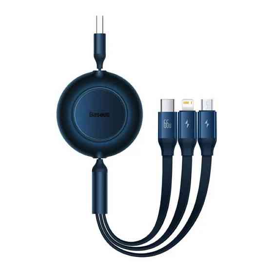 Кабель Baseus Bright Mirror 2 Series Retractable 3-in-1 Fast Charging  Data Cable USB to M+L+C 66W 1.1m Blue Київ