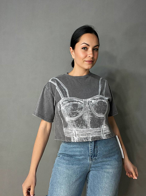 Футболка женская A-N 2732 вареная короткая широкая рисунок корсет бра, серый, one size Киев - изображение 19