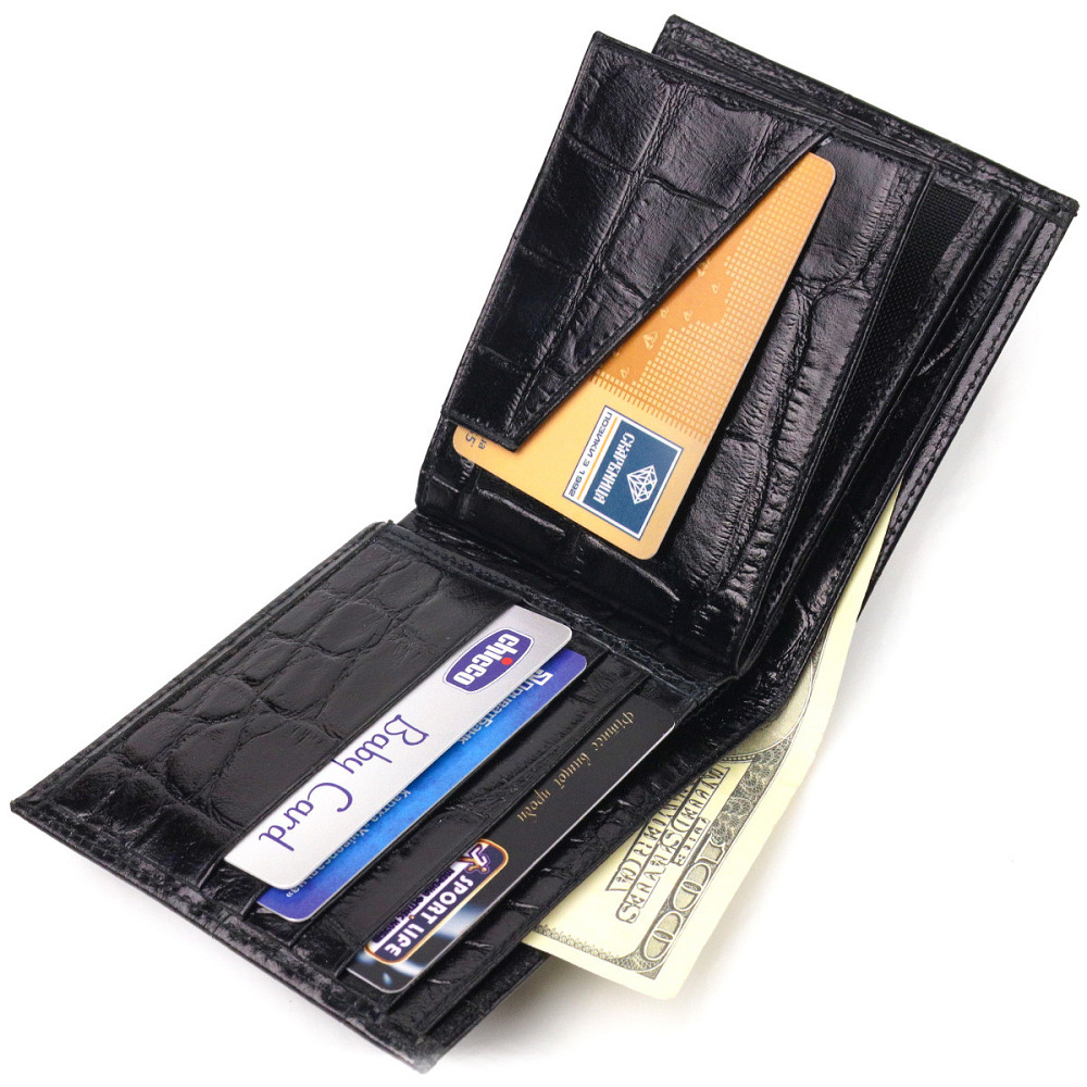 Якісний гаманець для чоловіків у два складення з натуральної фактурної шкіри з тисненням під крокодила CANPELLINI 21584 Чорний Київ - фото 8