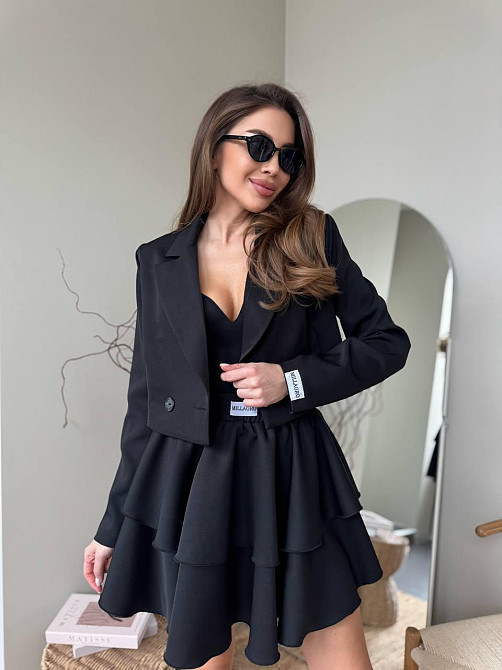 Женский стильный костюм двойка: пиджак и юбка креп-костюмка + подкладка Черный, 42/44 Одесса - изображение 1