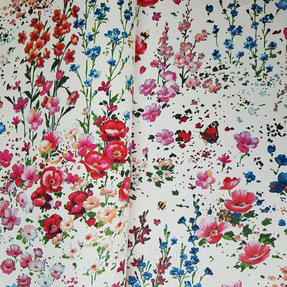 Шпалери вінілові на флізелін 0.53х10.05 Rasch Textil Petite Fleur5.квіти польові червоні бордо сині на білому Київ - фото 1