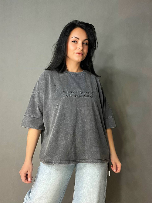 Футболка женская A-N 26028 тай-дай оверсайз с вышивкой, серый, one size Киев - изображение 16