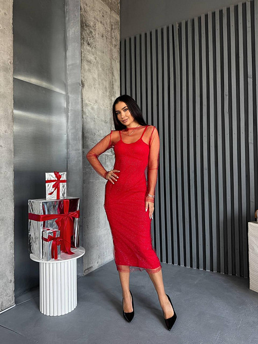 Жіноча елегантна вечірня міді-сукня віскоза та сітка блискітка Одеса - фото 4