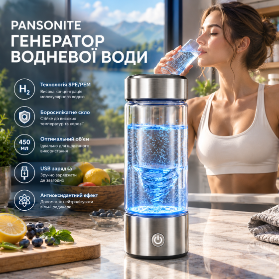 Генератор водородной воды Pansonite 450 мл: Технология SPE/PEM, Боросиликатное стекло, USB-зарядка, Антиоксидантный эффект Киев