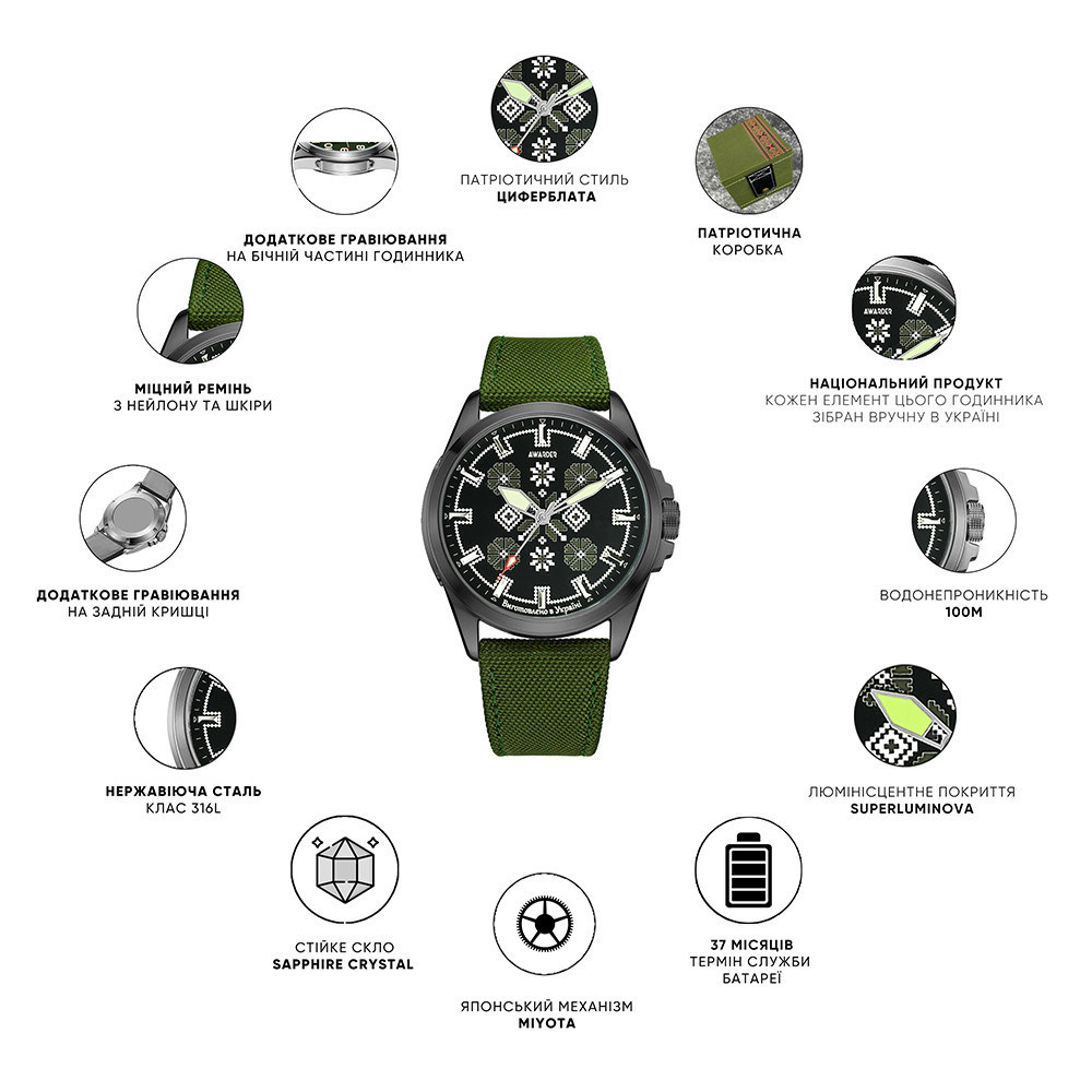 Awarder Embroidery Silver-Green Khaki Ba,ery 10ATM SBR Київ - фото 2