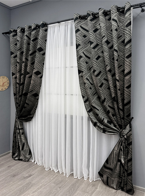 Комплект штор на люверсах VR-Textil Жаккард Mystery № 1629ш Серый с черным 150х280 см 2 шт (37-180) Киев - изображение 3
