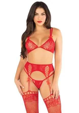 Комплект Leg Avenue Bra Top, String and Garter Belt Stockings One Size, Red Львів