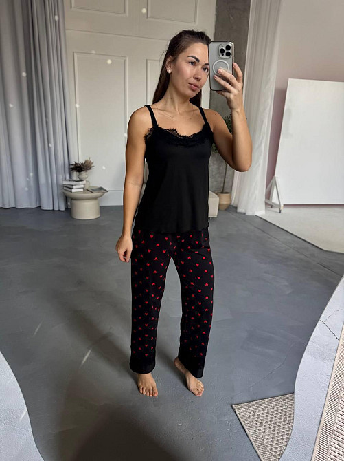 Женский домашний комплект четверка: брюки + майка + шорты + халат коттон Черный, 42/44 Одесса - изображение 4