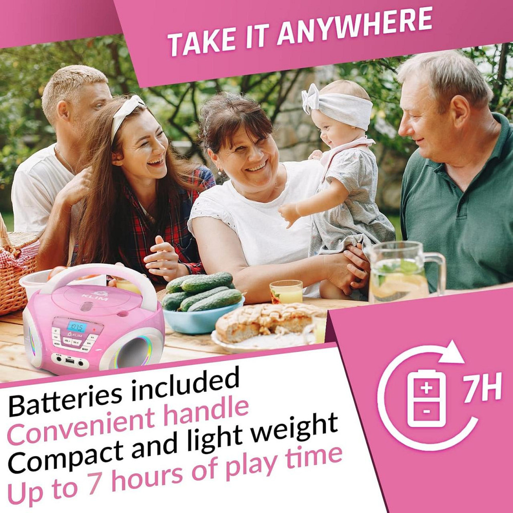 CD-плеер с FM-радио, бумбокс портативный с RGB-подсветкой, USB/AUX на батарейках розовый, проигрыватель дисков Киев - изображение 4