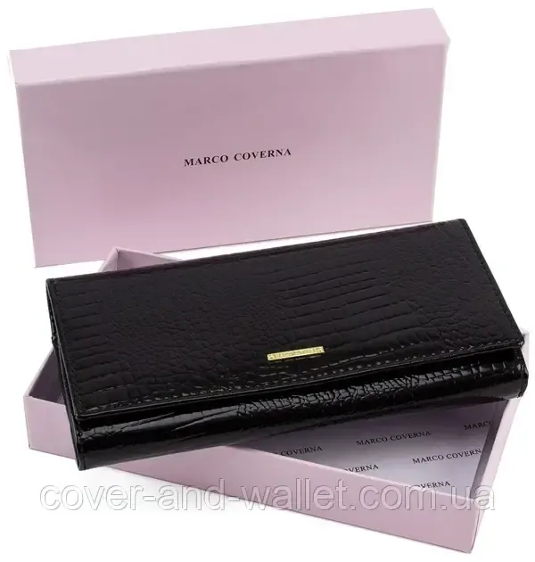 Чорний шкіряний лаковий гаманець з великою монетницьою Marco Coverna MC-403-1010-1 Київ - фото 8