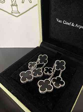 Сережки Van Cleef длинные на 4 элемента черная эмаль покрытие белым золотом / упакованы в мешочек Одесса