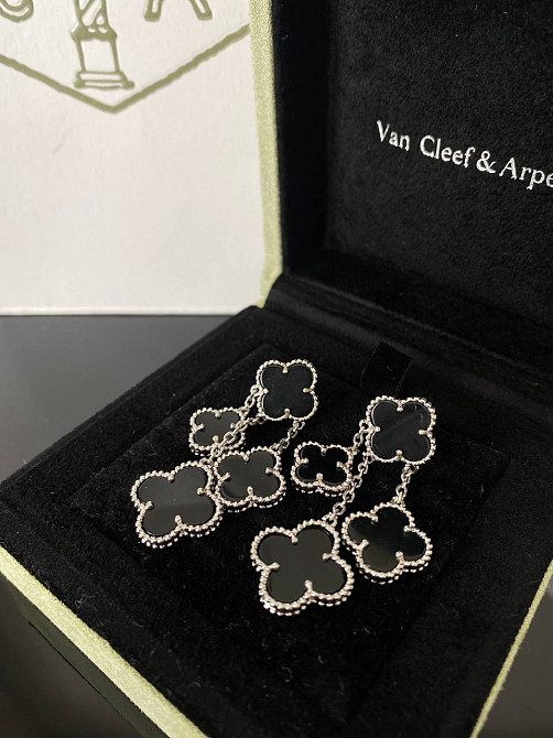 Сережки Van Cleef длинные на 4 элемента черная эмаль покрытие белым золотом / упакованы в мешочек Одесса - изображение 2
