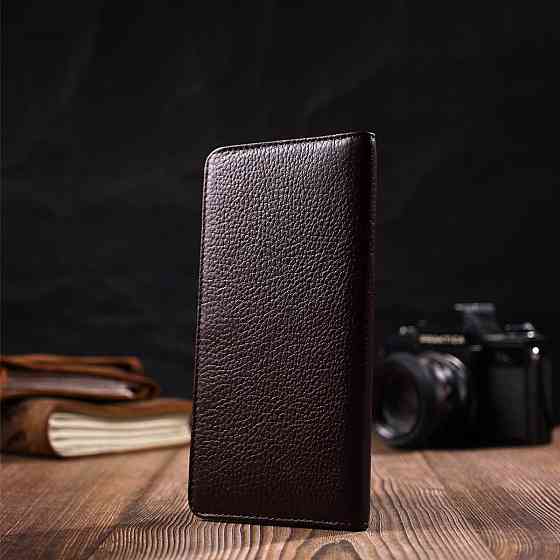 Вертикальний вузький чоловічий гаманець із натуральної зернистої шкіри BOND 22052 Коричневий Київ