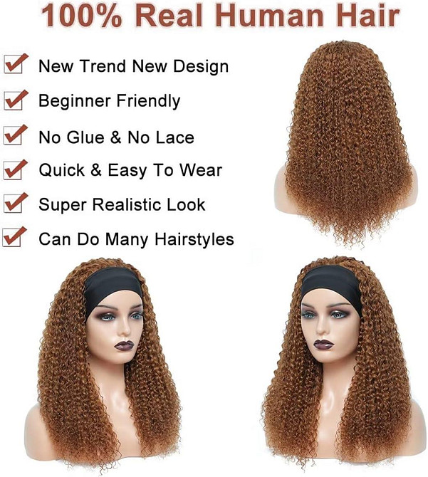 Перука кучерява Ladiary 50 см з натурального волосся з пов'язкою, світло-руда, густа, без клею, міні-афро Київ - фото 3