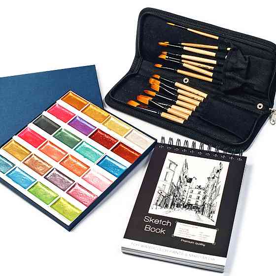 Акція! Набір акварельних фарб з перламутровим ефектом + Набір пензликів 14 шт + Скетчбук для малювання Кам'янець-Подільський