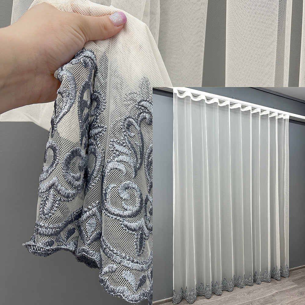Тюль VR-Textil 1693т Грек-сітка з вишивкою і люрексом Молочний з сірим 350х250 см (42-0807) Київ - фото 1