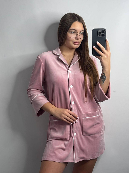Женская рубашка-халат плюш-велюр Пудровый б/к XL-XXL Харьков - изображение 3