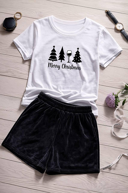 Жіночий домашній костюм-двійка з новорічним принтом турецький кулір бавовна + преміальний велюр Чорний, 50/52 Одеса - фото 1