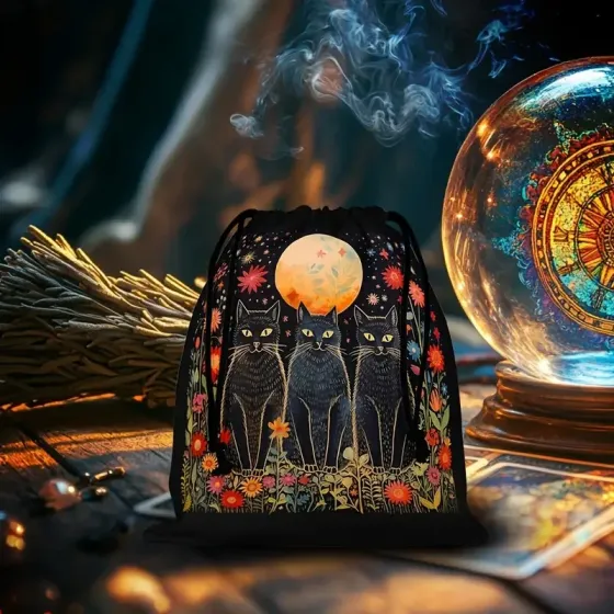 Мішечок для Таро, рун і кристалів «Три чорні коти та місяць» – містичний окультний аксесуар Київ