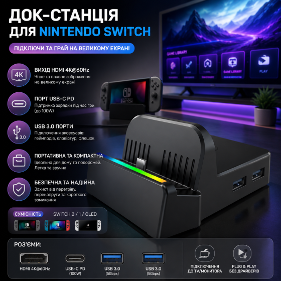 Док-станция для Switch TV для Nintendo Switch 2/1/OLED, портативная док-станция для Switch 2, дорожная база, HDMI 4K@60Hz Киев