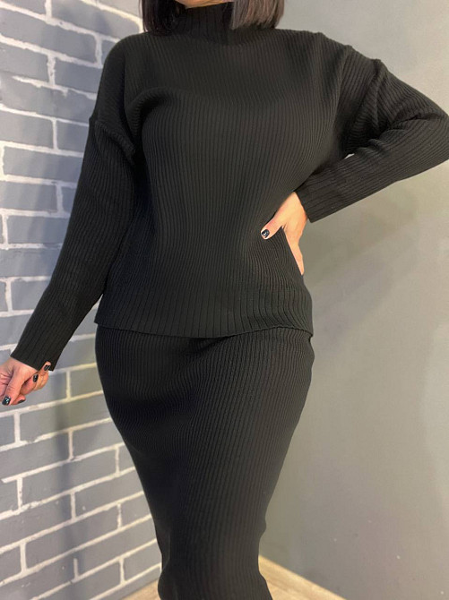 Костюм женский ENJOY 82345 свитер с длинной юбкой рубчик вязка one size черный, черный, one size Киев - изображение 3