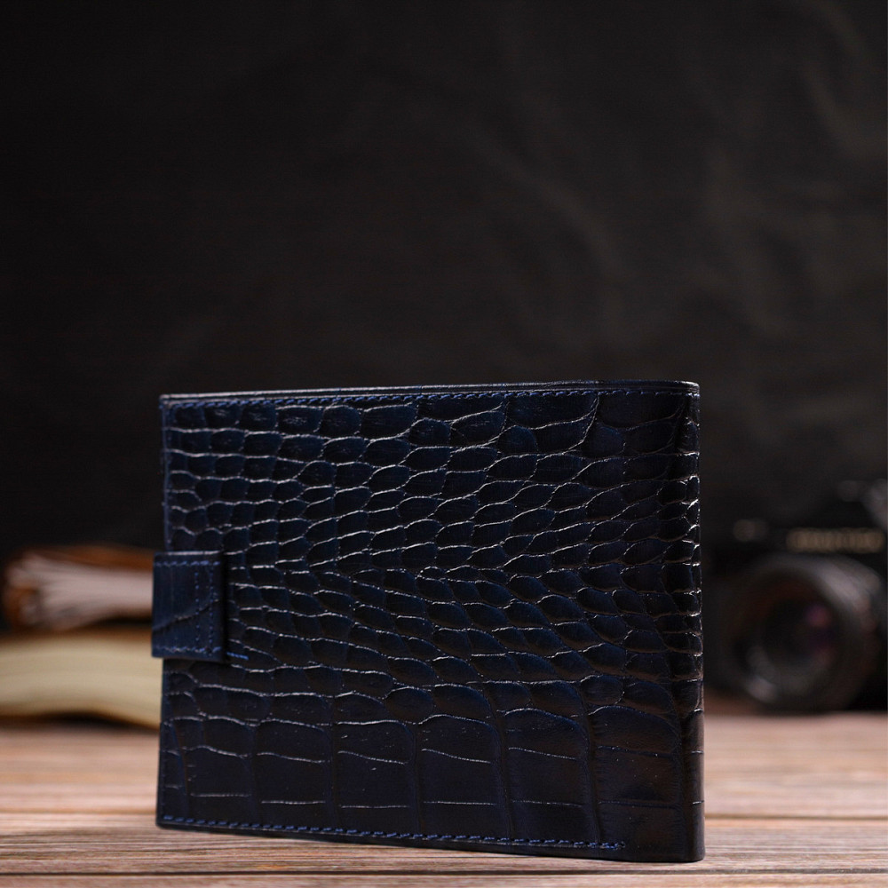 Вместительное горизонтальное портмоне для мужчин из натуральной кожи с тиснением под крокодила CANPELLINI 21883 Синее Киев - изображение 2
